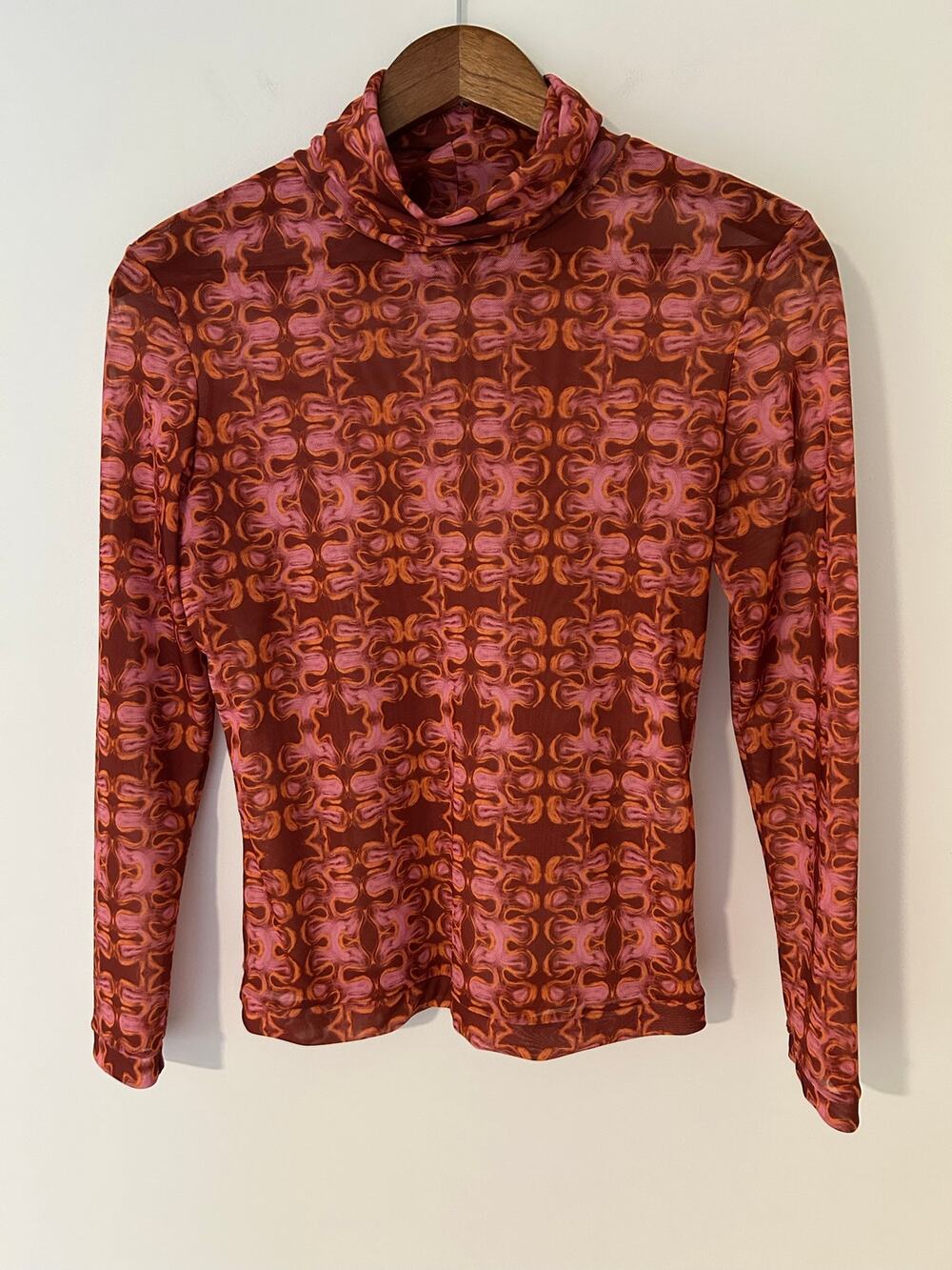 Atelier 7.56 Colombia Mock Neck Mesh Pink Burnt Orange Sheer Long Sleeve EUC S